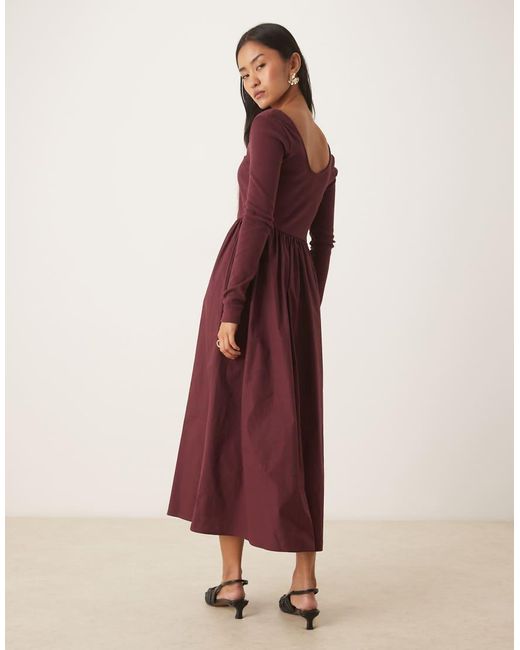 Nobody's Child Red Ribbed Scoop Neck Poplin Skirt Midaxi Dress