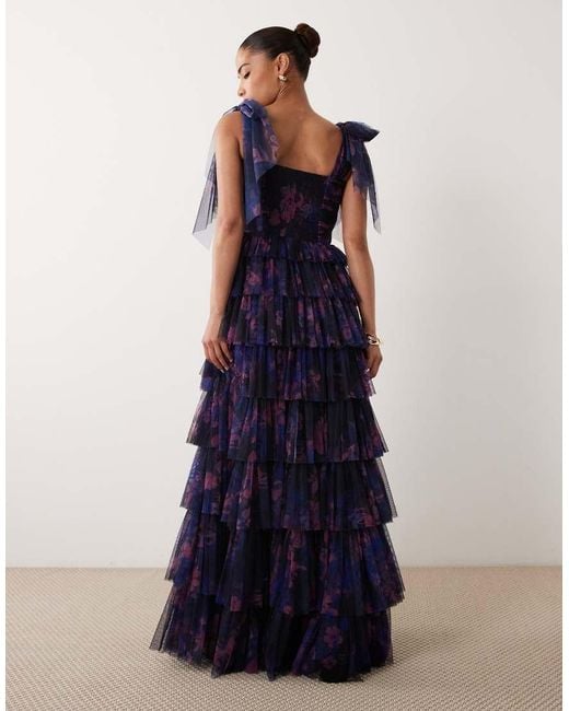 LACE & BEADS Blue Bridesmaid Bow Shoulder Tulle Maxi Dress