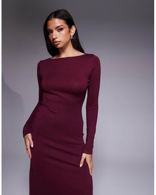 Kaiia Purple Exclusive Knit Slash Neck Long Sleeve Maxi Dress