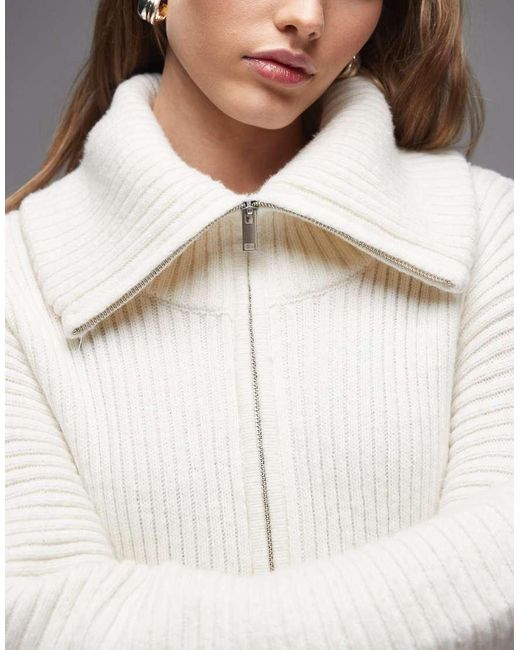 Monki Natural Double Zip Cinch Cardigan With Peplum Hem