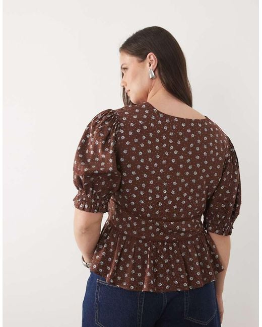 Nobody's Child Brown V Neck Puff Sleeve Button Front Blouse