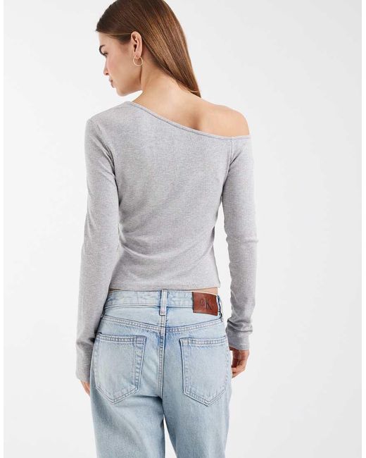 ASOS Gray Off The Shoulder Long Sleeve Top With Button Detail