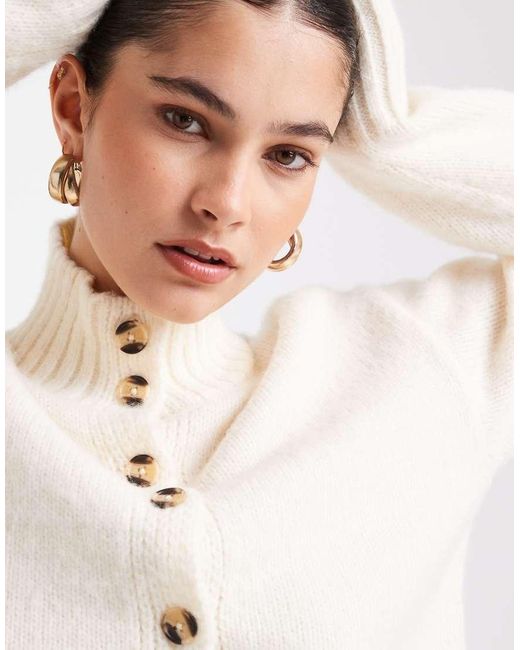 4th & Reckless White Contains Wool Funnel Neck Button Up Ribbed Trim Cardigan