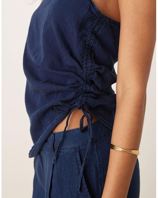Mango Blue One Shoulder Soft Denim Top With Cinched Waist Co-ord