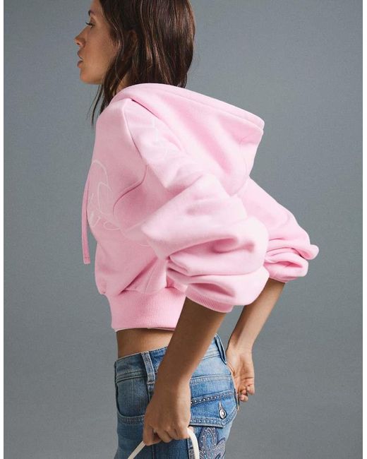 Bershka Pink Printed Zip-up Hoodie