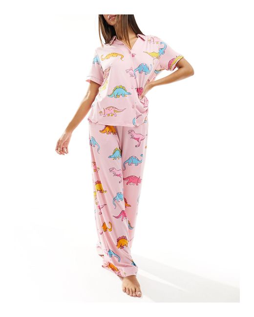 Chelsea Peers Pink Dinosaur Printed Button Up Top And Long Pants Set