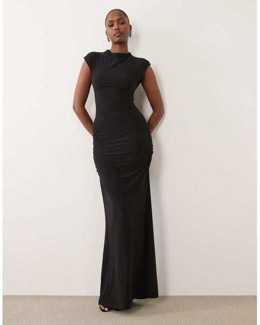 ASOS Black Cap Sleeve Maxi Dress With Lace Up Detail And Ruching
