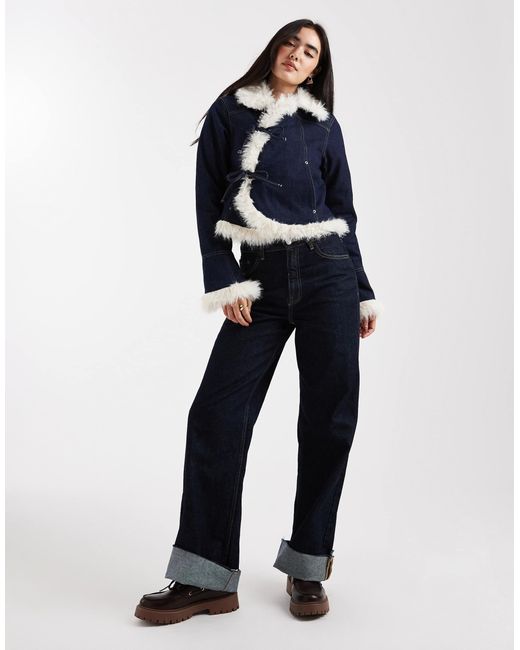 Daisy Street Blue Asymmetric Denim Jacket With Fur Trims And Tie Detail Fastening
