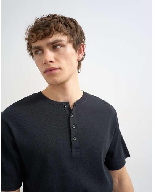Topman Blue Classic Fit Ribbed Henley T-shirt for men