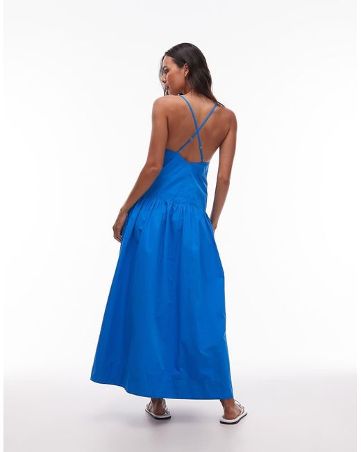 TOPSHOP Blue Deep V Poplin Midi Dress