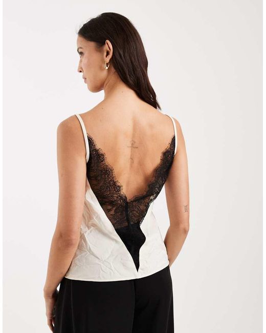 ASOS White Deep V-neck Sheer Lace Crushed Cami