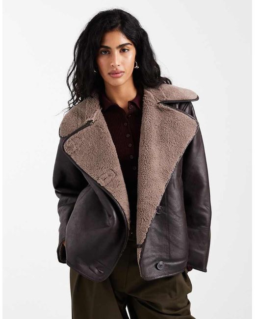 Vero Moda Black Borg Collar Faux Leather Coat