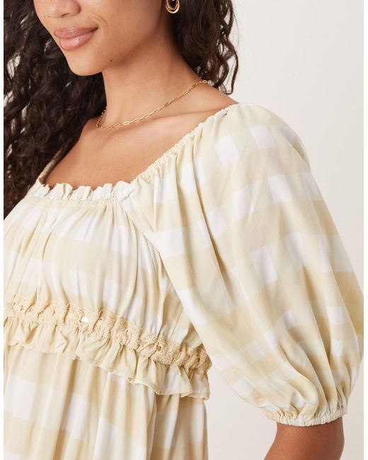 Robe babydoll courte à carreaux avec manches bouffantes et encolure carrée - jaune ASOS en coloris Natural
