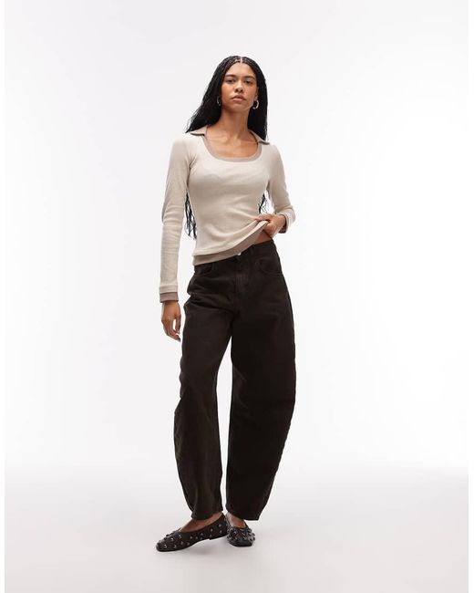 ASOS Natural Long Sleeve V-neck Top With Collar