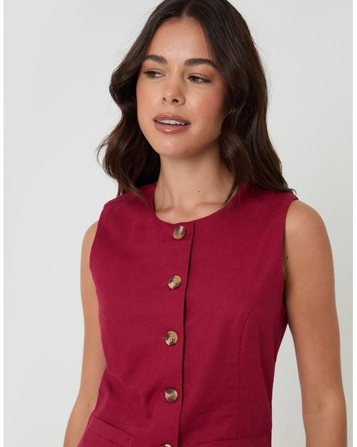 Threadbare Red Linen Blend Longline Waistcoat