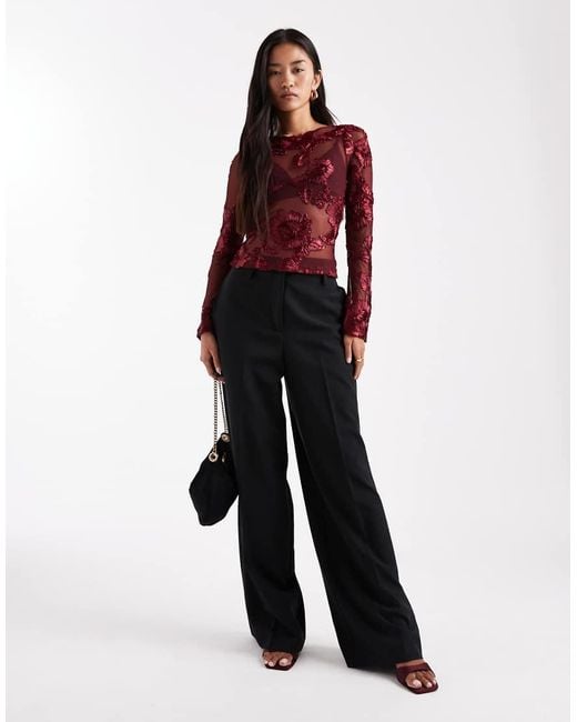 ASOS Red Mesh Embroide Floral Long Sleeve Top