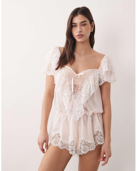 For Love & Lemons Pink Grace Lace Hem Bow Detail Romper