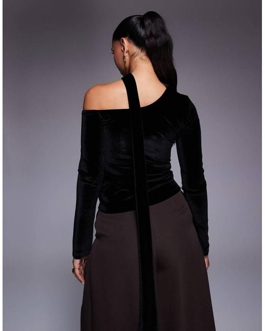 ASOS Gray Velvet Long Sleeve Asymmetric Top With Scarf Detail