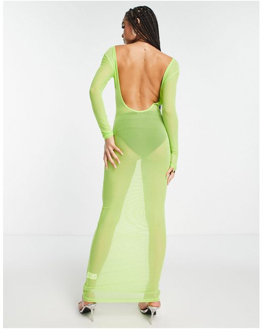 SIMMI Green Simmi Long Sleeve Sheer Maxi Scoop Back Dress