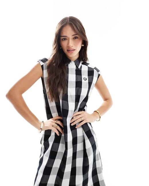Fred Perry Monochrome Check Shirt Dress in White | Lyst UK