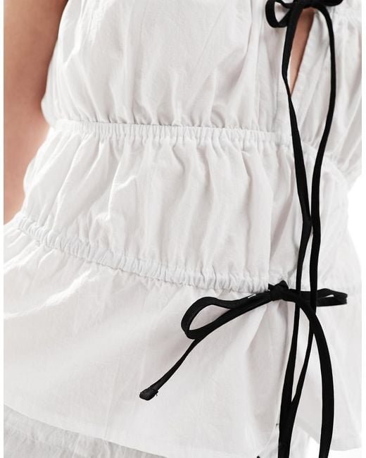 SNDY'S White Cotton Ruched Contrast Tie Top