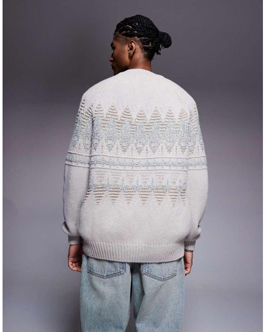 Boss Gray Karombo Relaxed Fit Textured Fair Isle Knitted Jumper for men