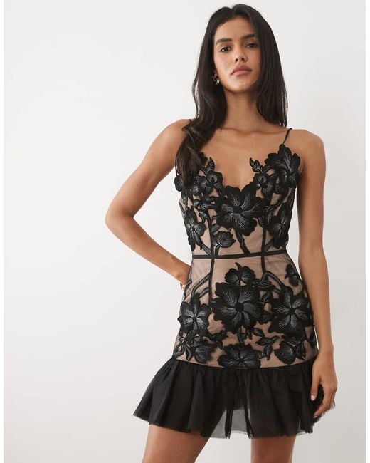 JW PEI Black Lace Floral V-neck Ruffle Hem Cami Mini Dress