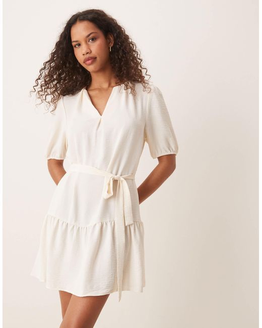 Vila Natural Short Sleeve Tie Waist Mini Dress