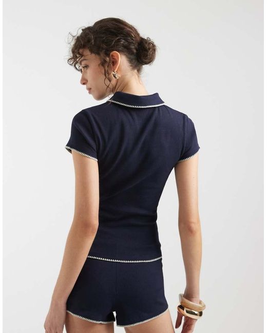 ASOS Blue Shrunken Polo With Blanket Stitch Detail