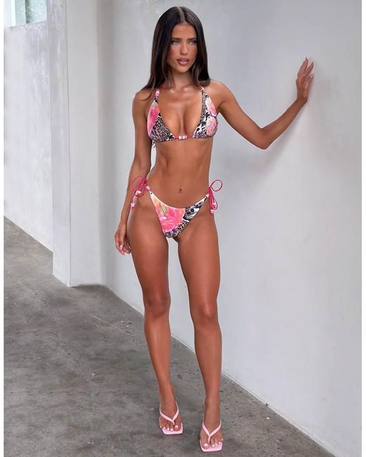 Tiger Mist Natural Finlea Contrast Tie Bead Detail Bikini Top Co-ord