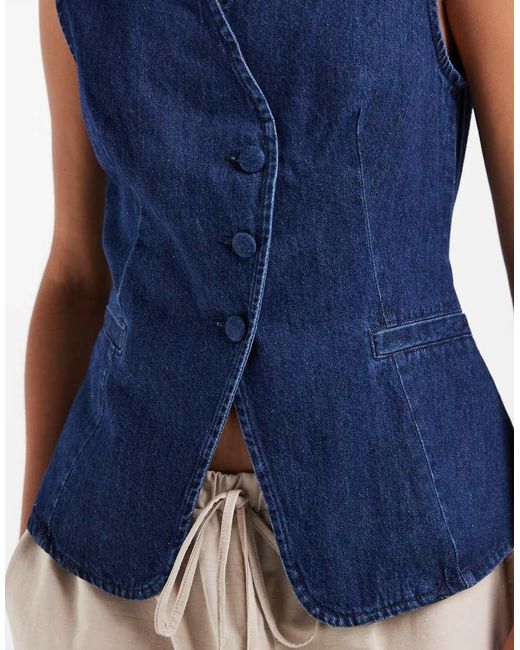 Vero Moda Blue Denim Asymmetric Placket Waistcoat With Covered Buttons