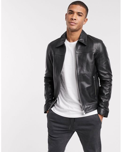 Barney's Originals Black Barney's Originals Leather Jacket With Collar Detail And Silver Trims for men