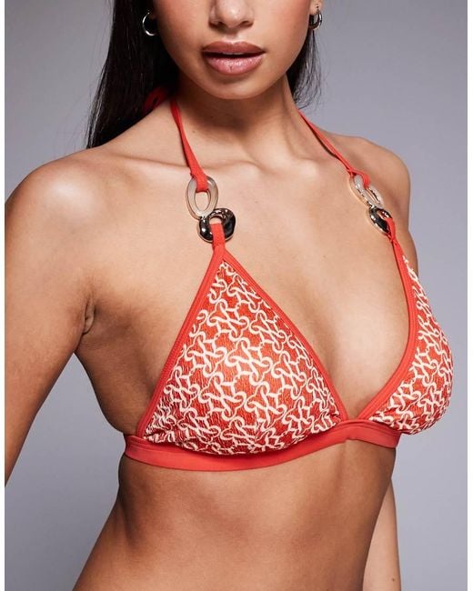 River Island Orange Monogram Printed Bikini Top