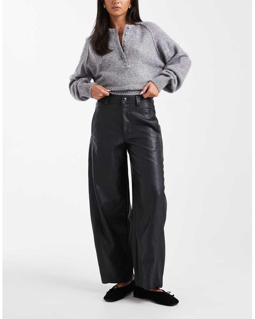 ASOS Blue Faux Leather Barrel Leg Trousers With Seam Detail