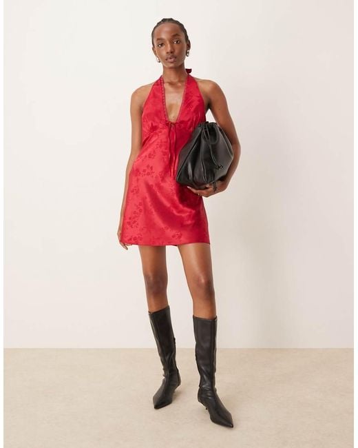 Miss Selfridge Red Jacquard Halter Mini Dress