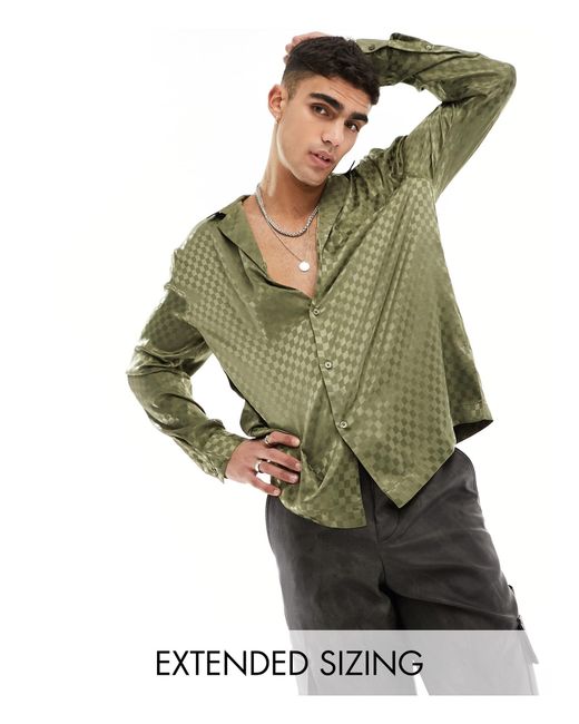 ASOS Green Relaxed Fit Deep Revere Collar Checkerboard Satin Jacquard Shirt for men