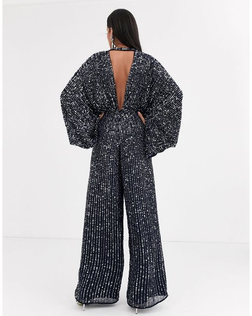 ASOS Synthetic Sequin Kimono Sleeve Wide Leg Jumpsuit in Navy (Blue ...