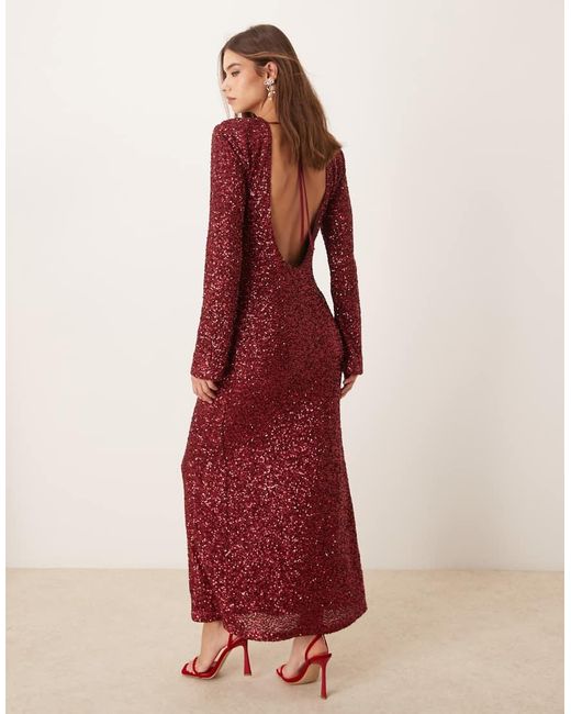 Gina Tricot Red Fluted Sleeve Sequin Maxi Dress With Open Back