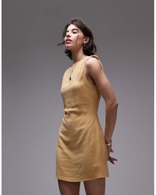 TOPSHOP Brown Twist Shoulder Linen Mini Dress