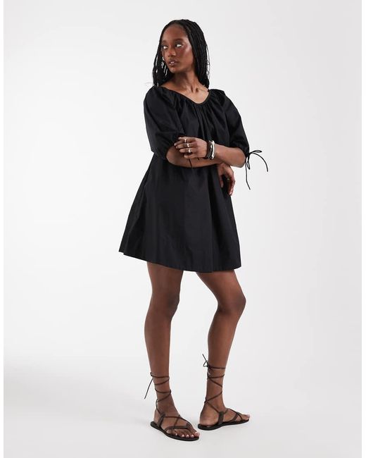 ASOS Black Asos Design Tall Scoop Neck Poplin Mini Dress With Tie Sleeves