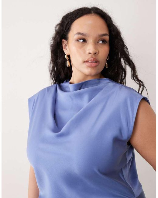 ASOS Blue Asos Design Curve Satin High Neck Pleated Bodice Midi Dress