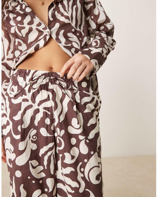 Mango Natural Abstract Botanical Print Tie Waist Wide Leg Trouser Co-Ord