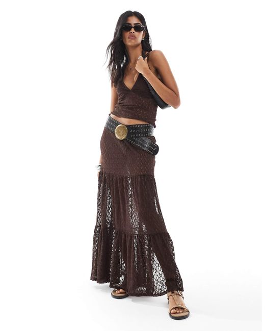 Miss Selfridge Brown – gestufter maxirock aus spitze, kombiteil