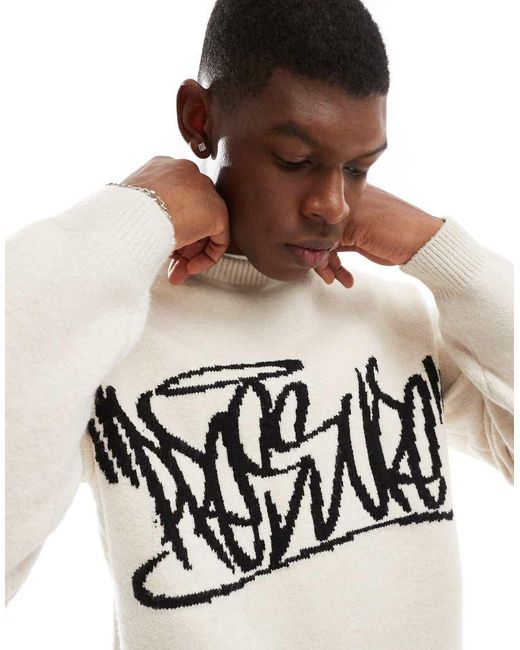 Bershka White Graphic Knitted Jumper for men