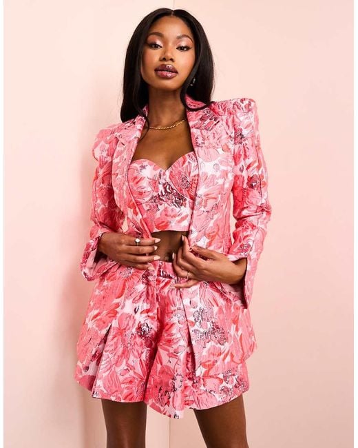ASOS Pink Jacquard Blazer With Shoulder Pads