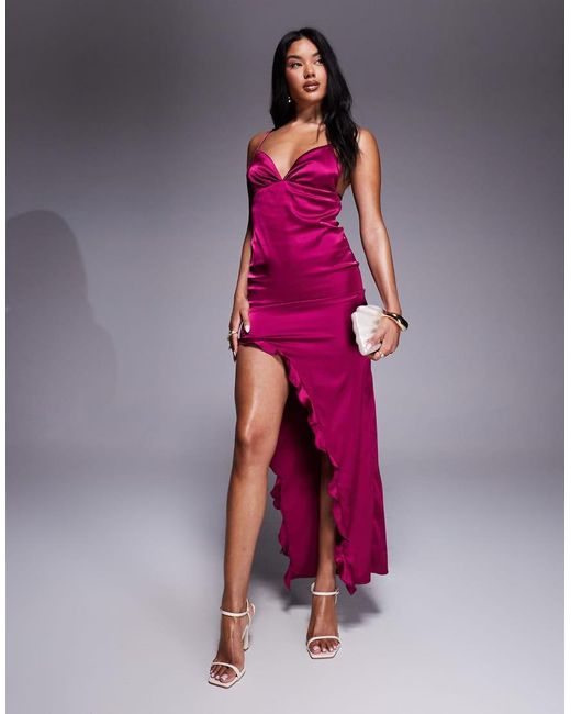 Missy Empire Pink Missy Empire Satin Cami Open Tie Back Ruffle Side Split Maxi Dress