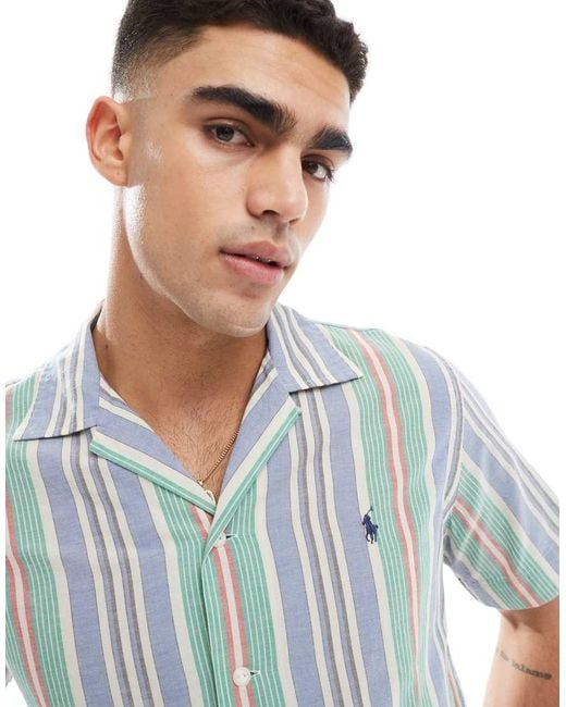 Polo Ralph Lauren Blue Short Sleeve Icon Logo Multi Stripe Shirt Classic Oversized Fit for men