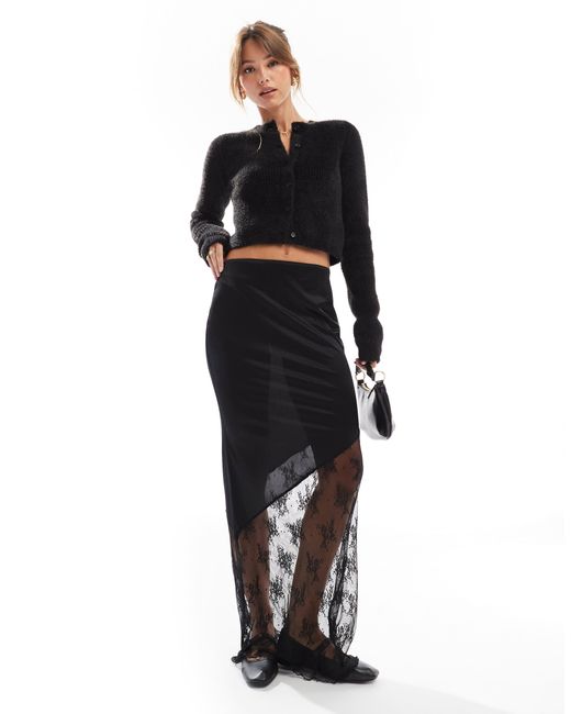 ASOS Black Satin Maxi Skirt With Lace Insert