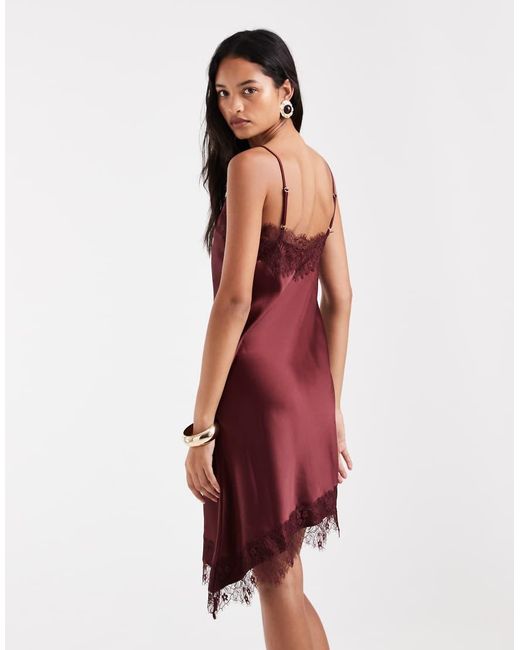 ONLY Red Asymmetric Lace Trim Satin Mini Dress