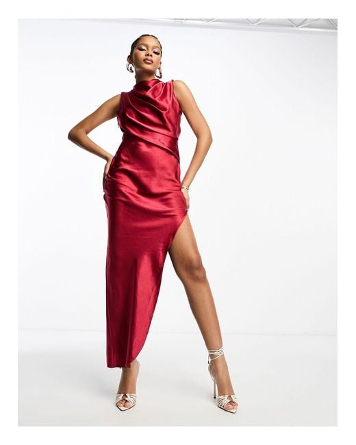 ASOS Red Satin High Neck Drape Maxi Dress With Open Back And High Split
